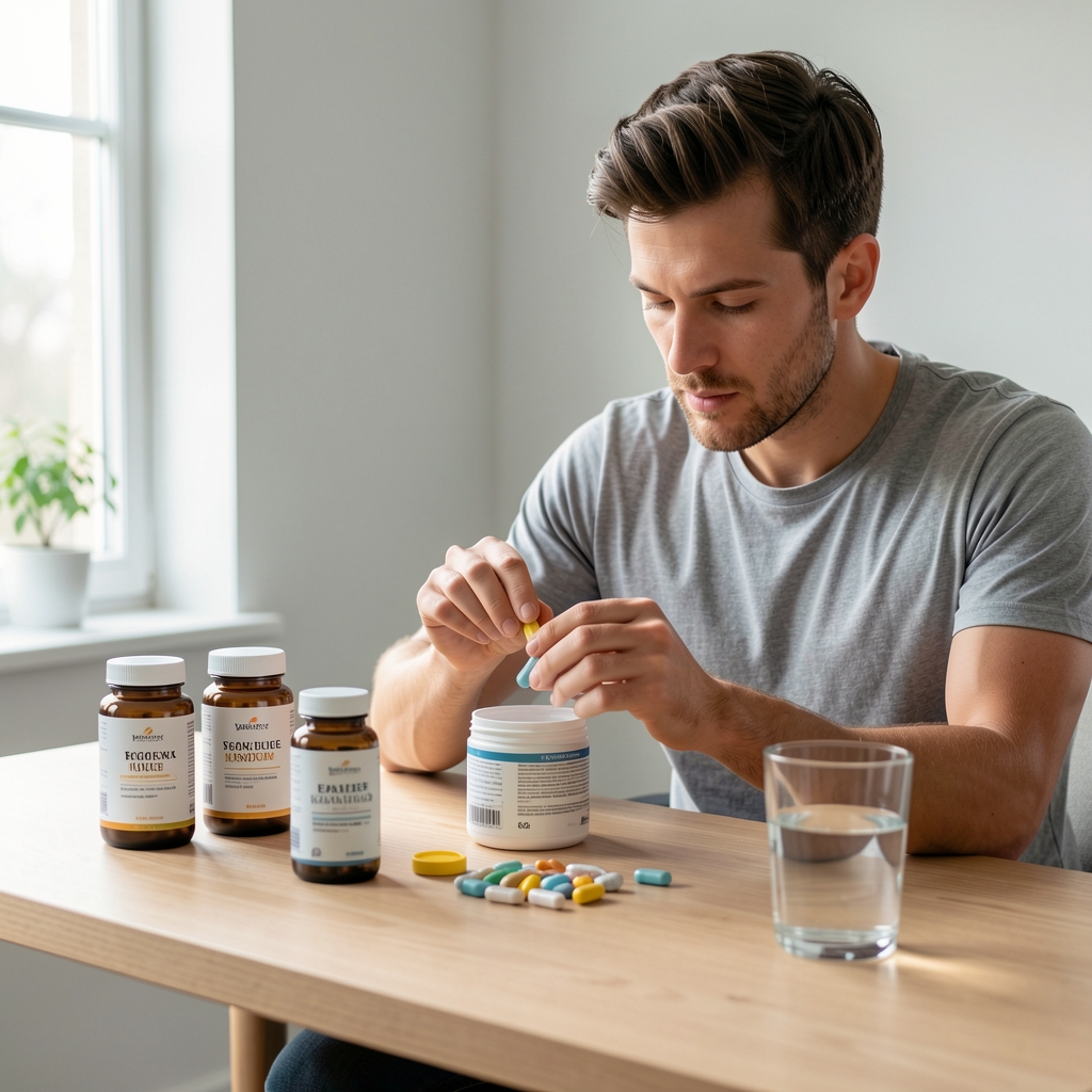 Man preparing his morning supplement routine at a clean wooden desk with natural light and a glass of water